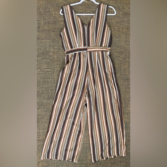 Francesca’s Mi Ami’ Sleeveless Striped Jumpsuit, Size L, Tan/Brown/Orange/White - Picture 2 of 12